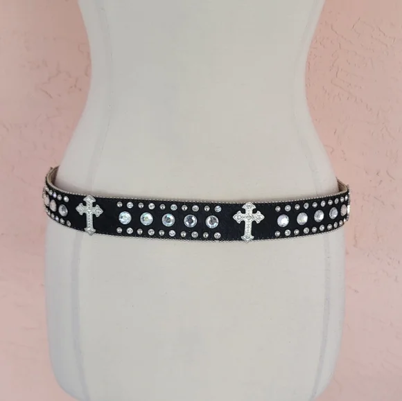 CW Country Western Crystal & Rhinestone Studded Leather Black Belt - Picture 4 of 13